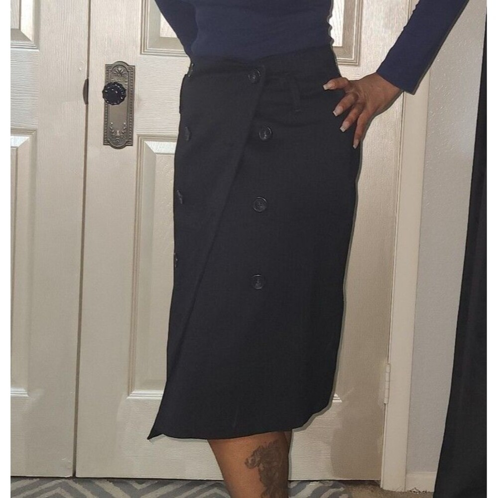 Navy Blue Striped Buttoned Wrap Midi Skirt - Picture 6 of 11